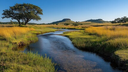 Serene river flowing through grassy plains under a clear blue sky, with a solitary tree and distant hills.