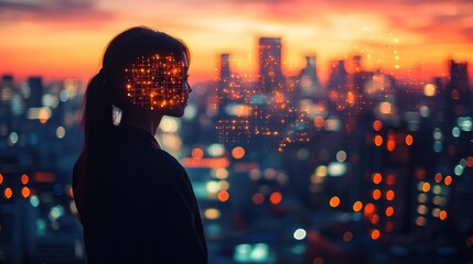 Woman with digital overlay looking at city at sunset.