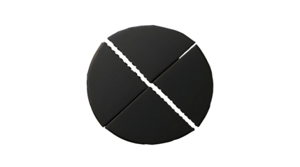 A round black pizza-cutting board with slices neatly separated by thin white lines.