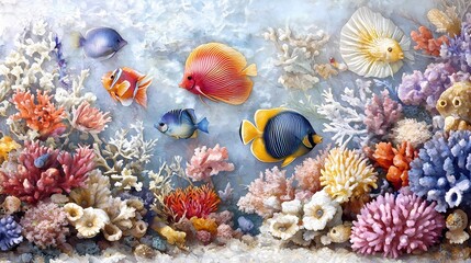 Fototapeta premium Digital Underwater Art in Vivid Colors featuring Diverse Marine Life and Coral Reef Ecosystem