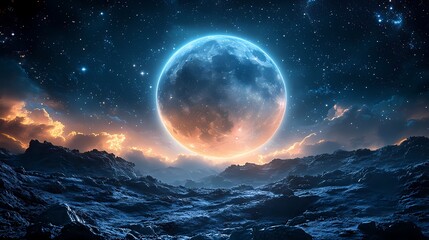 Digital Space Art in Cool Blues and Warm Oranges featuring Luminous Moon over Volcanic Landscape