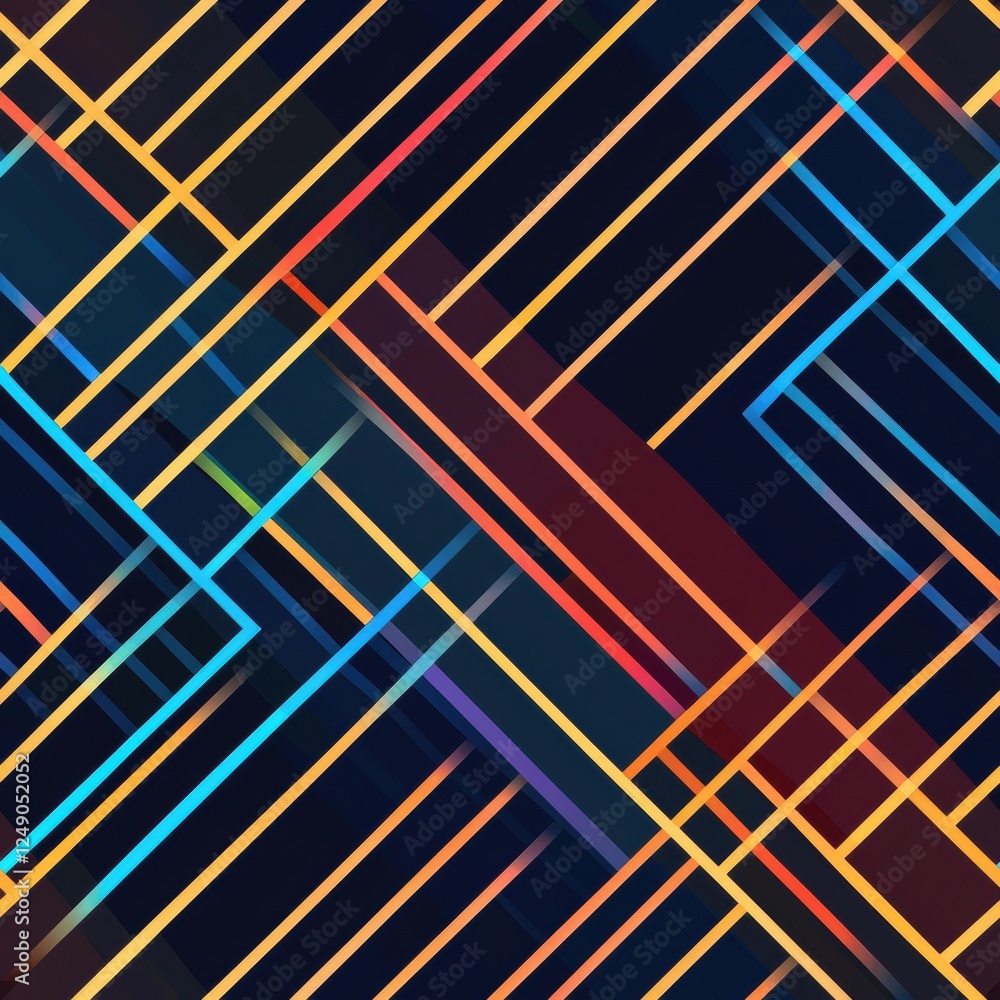 Poster dynamic neon geometric grids and lines in seamless pattern on dark background