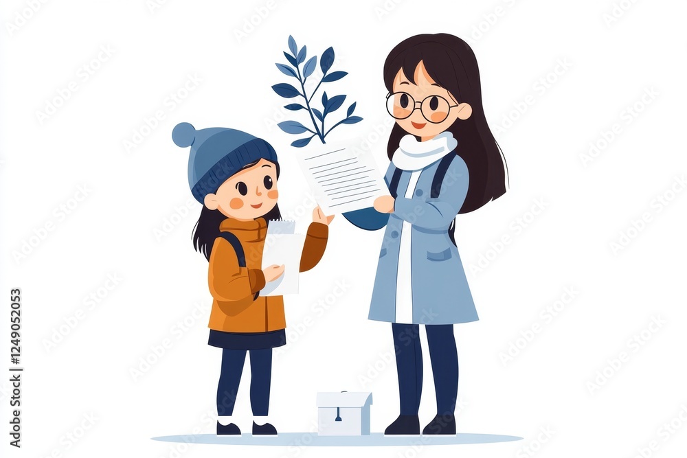 Poster a minimalist representation of a teacher handing a worksheet to a student, using simple geometric sh