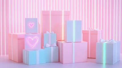 Minimalist packaging concept featuring pastel colored boxes, each sealed with a glowing neon heart sticker, surrounded by soft pink light trails