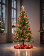 Festive Christmas Tree with Red Ornaments and Twinkle Lights, colorful arrangement, seasonal decor