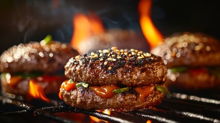 A close-up of grilled burgers sizzling on the barbecue, with smoke rising