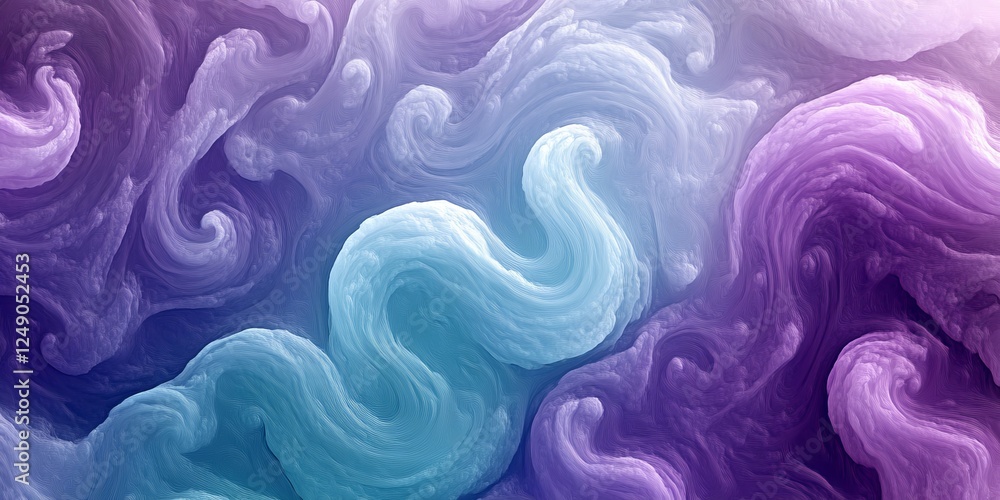 Poster abstract swirling fluid art in purple and teal hues. the colors blend seamlessly, creating a mesmeri