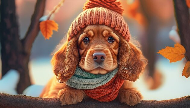 Niedlicher Cocker-Spaniel mit Strickm&uuml;tze und Schal