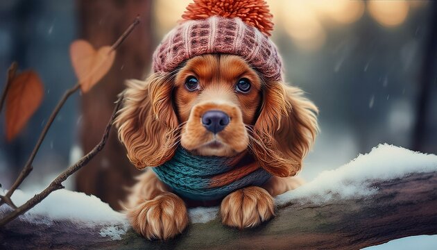 Niedlicher Cocker-Spaniel mit Strickm&uuml;tze und Schal
