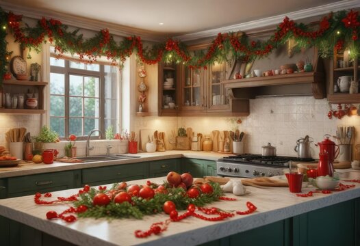 Festive kitchen decor with red and green garlands, kitchen, color scheme