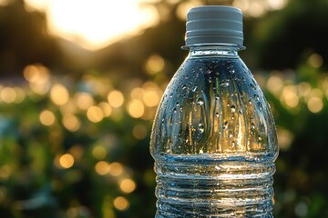 Refreshing bottle of water with condensation in a sunny outdoor setting during golden hour