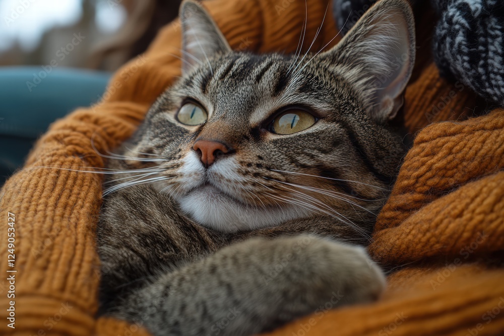 Poster cozy cat enjoying warmth while resting on owner's lap during a relaxing moment at home