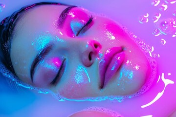 Beautiful female face in the milk with soft glowing in blue-pink neon light. Copyspace for advertising.