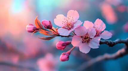 A gently blooming pink cherry blossom branch