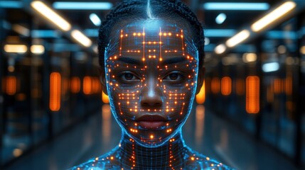 Woman's face with digital overlay in futuristic setting.