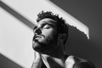 Magazine style with emotional man in black and white contour on bright background with copyspace.