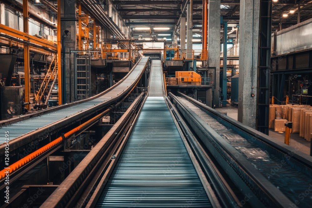 Poster factory with large conveyor belts for efficient material transport in a bustling environment