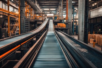 Factory with large conveyor belts for efficient material transport in a bustling environment