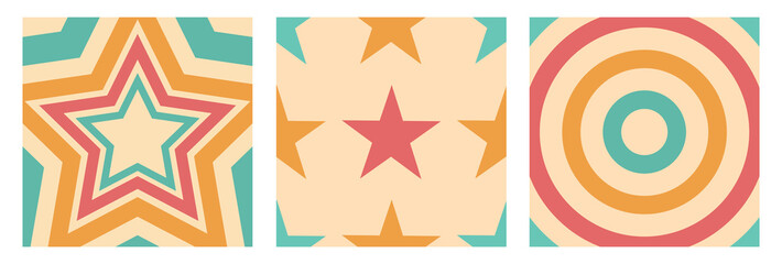 Retro background set with colorful stars and circles. Abstract vector illustration for background, patch, poster, summer design