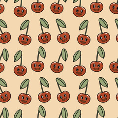 Seamless pattern with retro groovy cherry on a beige background. Vector illustration for packaging, baby clothes, wrapping paper, cover, case