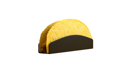 A black taco holder holding two crispy yellow tacos, perfect for restaurants or home taco nights.