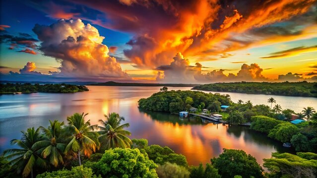 Guatemala Rio Dulce Sunset: Miniature Cumulus Clouds over Tropical Horizon