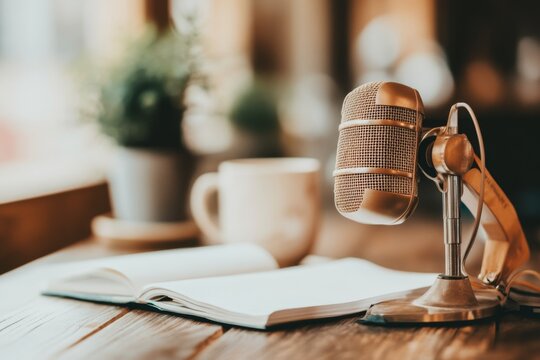 A podcast host listing out episode topics on a notepad in a professional recording studio