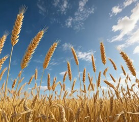 Fototapeta premium Field of golden wheat swaying in the breeze under a blue sky, summer harvest, sunny day, scenic, countryside view, countryside scene