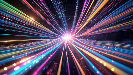 Explosive vibrant neon light burst with streaks of color radiating in a futuristic abstract digital high-tech glowing cosmic sci-fi motion energy explosion