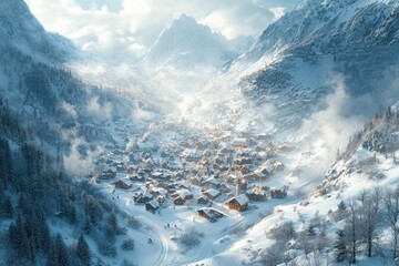 Snowy Mountain Village in Serene Valley