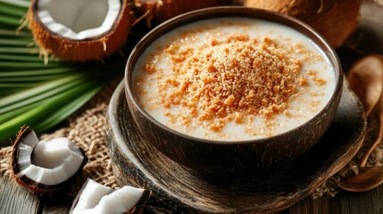 Creamy Coconut Dessert with Nuts and Fresh Coconut Halves on Wood