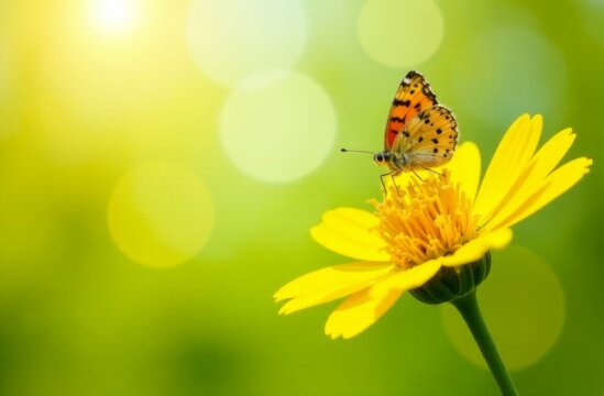 small orange butterfly perched on a yellow wildflower in a sunlit meadow, macro close-up with soft green and yellow bokeh background, concept of pollination, biodiversity, and natural beauty