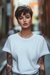 Obraz premium Young Woman With Short Hair And Tattoos In Urban Alleyway Setting