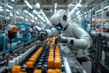 Fototapeta premium Robotic arms assembling products on a high-tech production line for efficient packaging