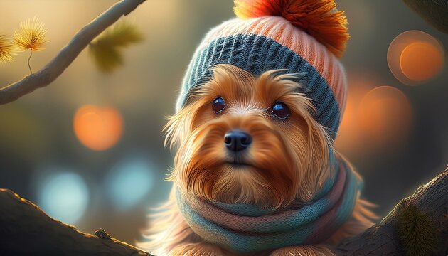 iedlicher Yorkshire-Terrier mit Strickm&uuml;tze und Schal