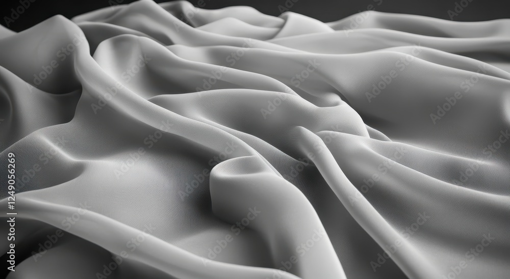 Poster closeup view of textured, draped fabric in grayscale tones, exhibiting a subtle pattern of dots and 