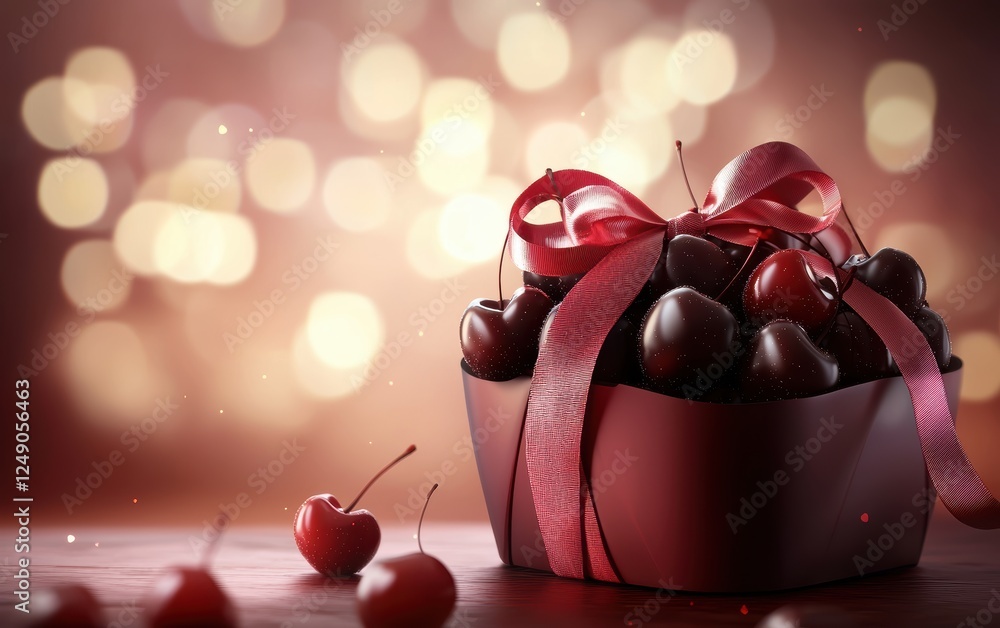 Wall mural Box of chocolate-covered cherries tied with a satin ribbon on a dreamy romantic background