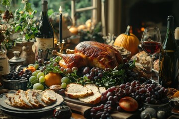 Fototapeta premium Thanksgiving Dinner with Roasted Turkey and Wine
