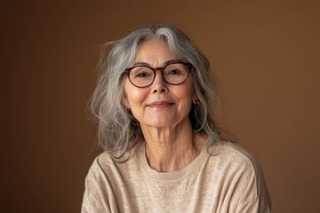 Photo portrait of gray hair beautiful cheerful senior grandmother in t shirt and eyeglasses looking above isolated on khaki color background.