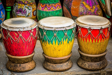 Handmade colorful drums at a market stall