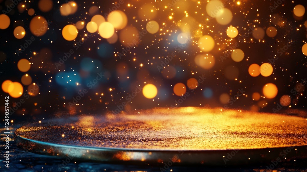 Poster elegant bokeh lights up soft gold sparkle rays on stage, framed by an abstract background. dust mote