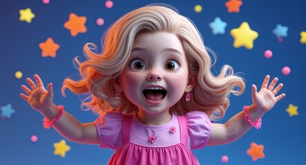 Fototapeta premium Toddler Caucasian girl excited wavy blond hair polka dot dress on blue background 3d illustration