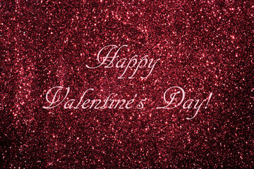 Happy Valentine's Day Text on Burgandy Glitter Background.