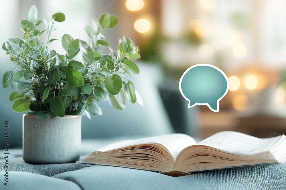 Poster A simple, clean icon of a dictionary with a speech bubble, symbolizing language learning