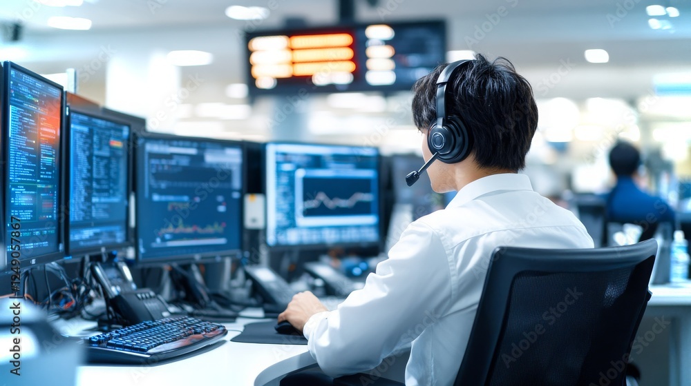Poster professional individual working at multiple computer screens in a modern office environment