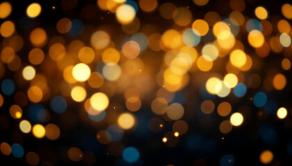Fototapeta premium Un fondo oscuro lleno de orbes brillantes dispersos en varios colores, incluidos dorado, naranja y azul, que crean un efecto bokeh