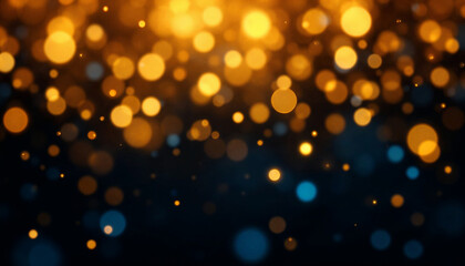 Obraz premium Un fondo oscuro lleno de orbes brillantes dispersos en varios colores, incluidos dorado, naranja y azul, que crean un efecto bokeh