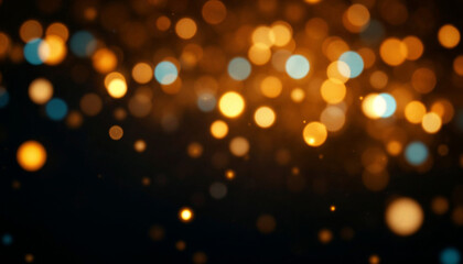 Obraz premium Un fondo oscuro lleno de orbes brillantes dispersos en varios colores, incluidos dorado, naranja y azul, que crean un efecto bokeh