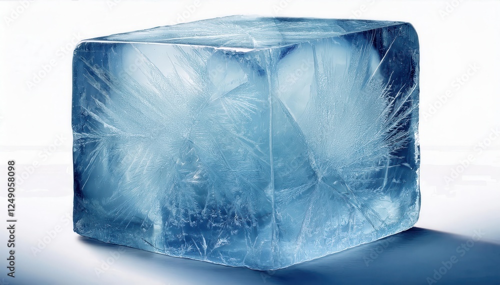 Poster crystal-clear ice block with frozen patterns for design, advertising, or beverage promotions showcas