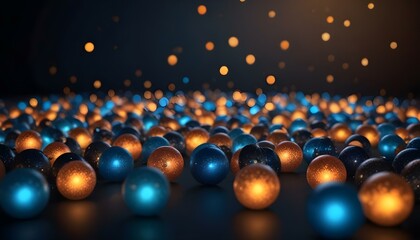 Naklejka premium Un fondo oscuro lleno de orbes brillantes dispersos en varios colores, incluidos dorado, naranja y azul, que crean un efecto bokeh